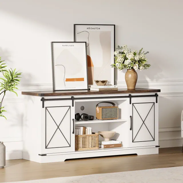 Tv Stand for 65 Inches TVs, Farmhouse Entertainment Center with Sliding Barn Doors, Tv Media Console Table for Living Room, White