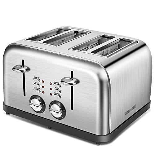 REDMOND 4 Slice Toaster, Retro Stainless Steel Extra Wide Slots Toaster with Bagel, Defrost, Cancel Function, 6 Bread Shade Settings, 1500W, ST027