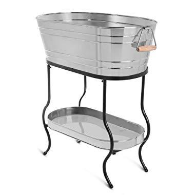 BIRDROCK HOME Stainless Steel Beverage Tub with Stand - Oval - Bottom Tray - Party Drink Holder - Wooden Handles - Outdoor or Indoor Use - Free Standing