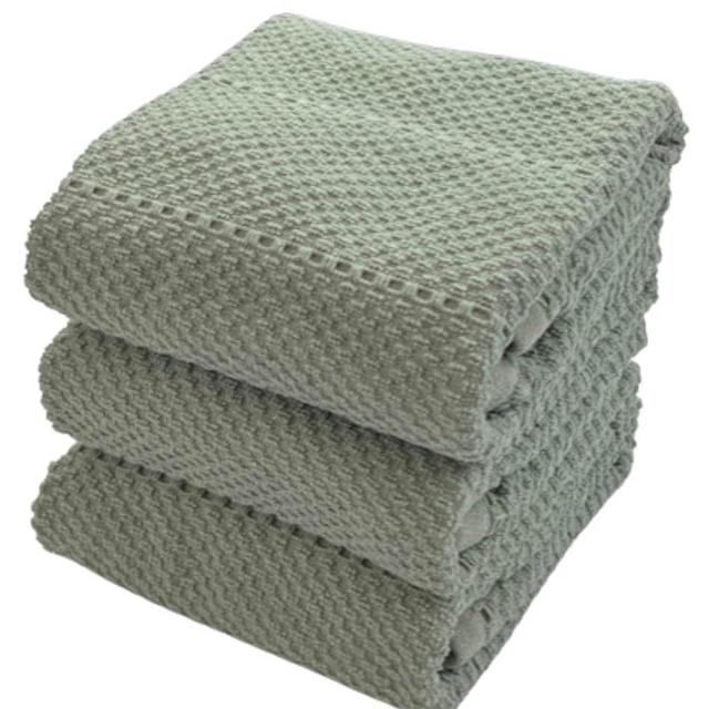 Sage Green Kitchen Dish Towels: 100% Cotton Cloth Soft Cleaning Drying Absorbent Textured Terry Loop, Set of 3 Multipurpose for Everyday Use