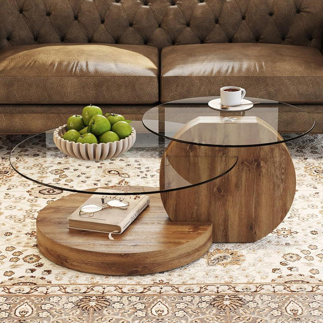 Glass Coffee Table, Modern Round Tempered Glass Coffee Tables for Living Room, 3-Tier Circle Wood Coffee Table with Storage Clear Cocktail Table for Small Space Home Office (Wood)