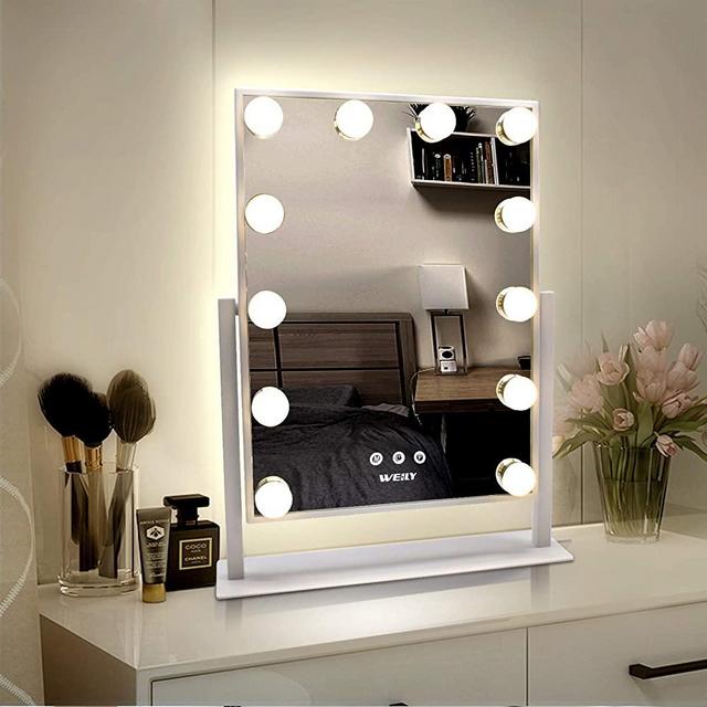 WEILY Hollywood Makeup Mirror with Lights, Large Lighted Vanity Mirror with 3 Color Light & 12 Dimmable Led Bulbs,Smart Touch Control Screen & 360 Degree Rotation