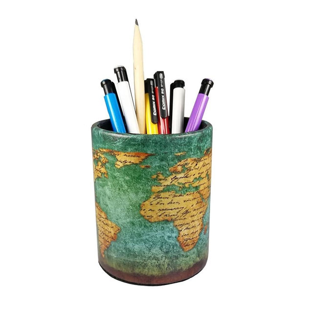 DreamsEden Vintage Pen Pencil Holder Cup Retro Pattern Desk Organizer for Home Office Bedroom (Blue World Map Round)