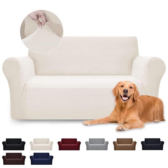 SUPERGANDA Sofa Cover Slipcover Couch Covers for 2 Cushion Couch Sofa Furniture Protector Couch Cover for Kids,Cats,Dog Washable Couch Cover Jacquard Small Checked (Cream, Medium/2 Seater)
