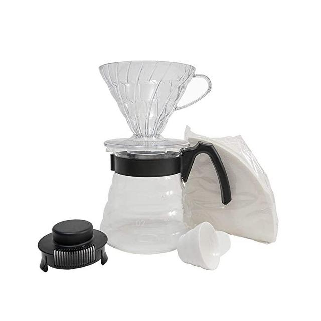 Hario Set with Dripper, Glass Server Scoop and Filters, Size 02, Craft Coffee Maker, Black