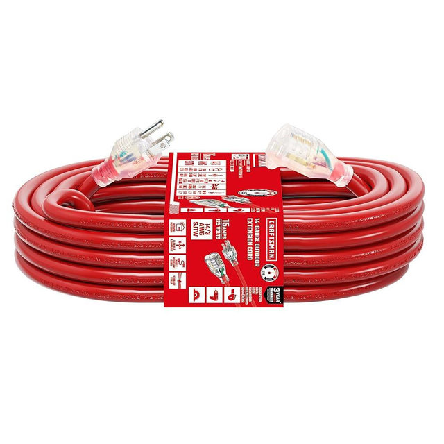 CRAFTSMAN 25 ft. Heavy-Duty Indoor/Outdoor Extension Cord Waterproof, 14/3 SJTW – Light Up 3 Prong Extension Cord, 15A/1875W/125V, ETL Certified