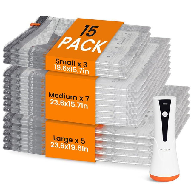 Vacuum Seal Bags for Clothing Travel with Rechargeable Cordless Pump, 15 Pack Compression Space Saver Bags for Packing, Luggage and Seasonal Storage