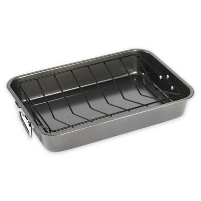 17-Inch Carbon Steel Roaster with Nonstick Rack in Grey