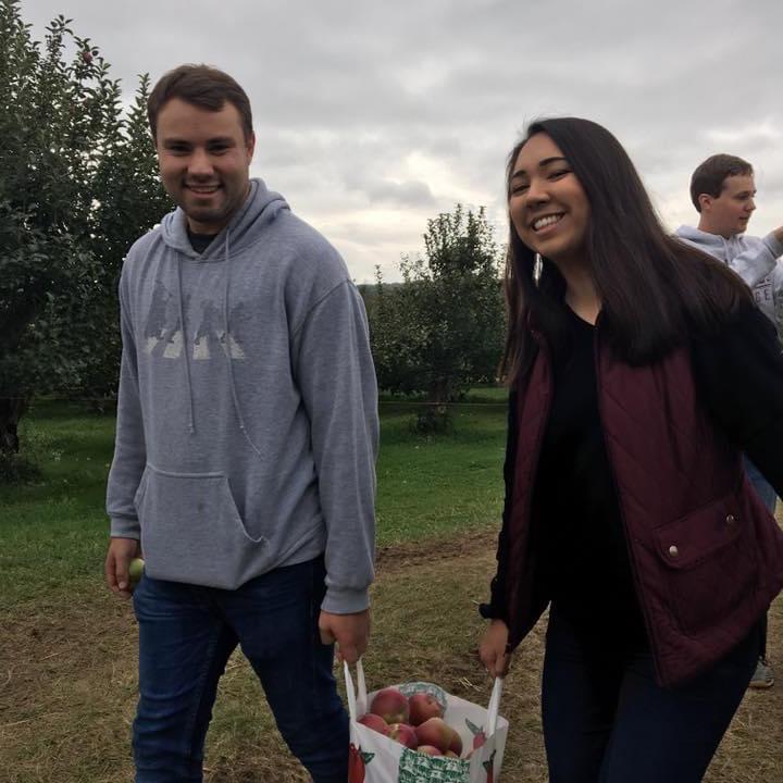 Our first photo together! One of our many apple picking trips at SMC - followed by baking a delicious apple pie.