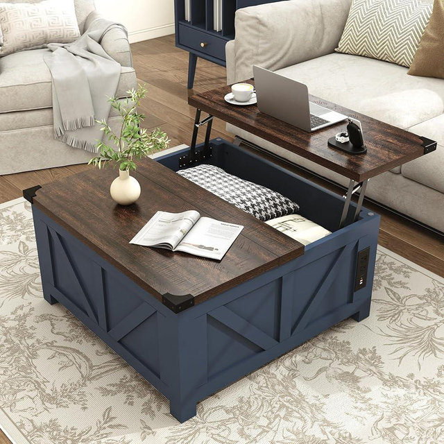 jimeimen Farmhouse Lift Top Coffee Table with Storage, Wood Square Center Table with Charging Station&USB Port, Living Room Table w/Large Hidden Space, for Living Room, Bedroom, Home Office, Blue