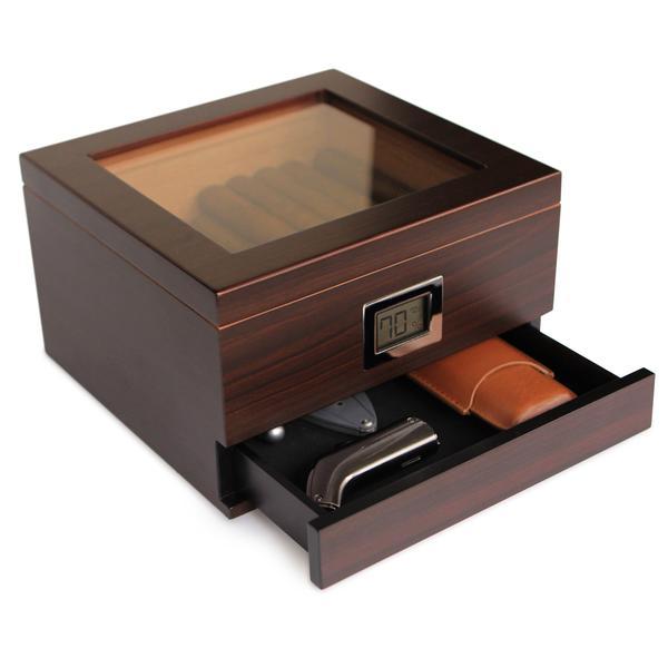 Glass Top Cedar Humidor with Front Digital Hygrometer