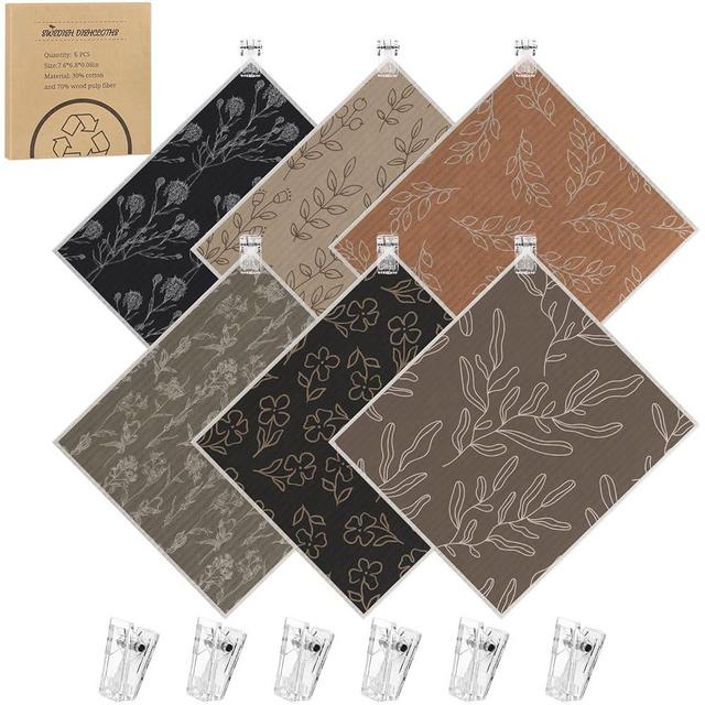 6 Pack Swedish Dishcloths for Kitchen, Reusable Paper Towels Swedish Dish Towels with Clips, Absorbent Dish Cloth No Odor for Cleaning Home Kitchen（Black-Brown Patterns）