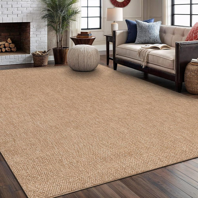 Washable Easy Jute Rug 9x12, Indoor Outdoor Rugs Natural Color Farmhouse Area Rugs for Living Room, Kitchen Rug High Traffic Area, Easy to Clean Solid Boho Woven Design Outside Carpet (9 X 12 Natural)