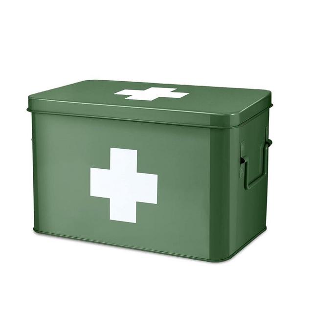 Flexzion First Aid Medicine Box Supplies Kit Organizer - Empty 13" Green Metal Tin Medic Storage Bin Hard Case with Removable Tray White Cross, Vintage Antique Boxes for Home Family Emergency Tool Set