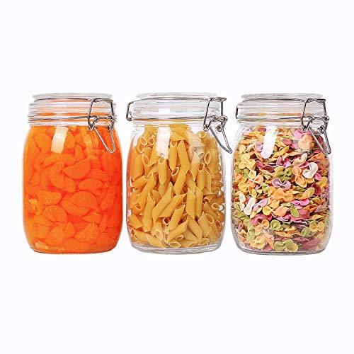 ComSaf Airtight Glass Canister Set of 3 with Lids 34oz Food Storage Jar Round - Storage Container with Clear Preserving Seal Wire Clip Fastening for Kitchen Canning Cereal,Pasta,Sugar,Beans,Spice