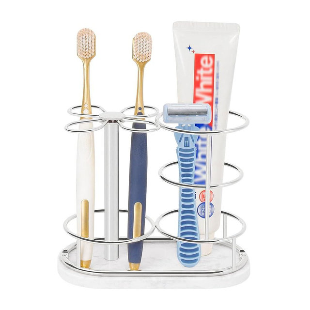 HarJue Toothbrush Holder Stand for Bathroom, Metal Toothbrush Organizer with Marble Base, Toothbrush Storage Collection for Family, Suitable for Home Hotel Countertop Vanity (Medium, Chrome Finish)