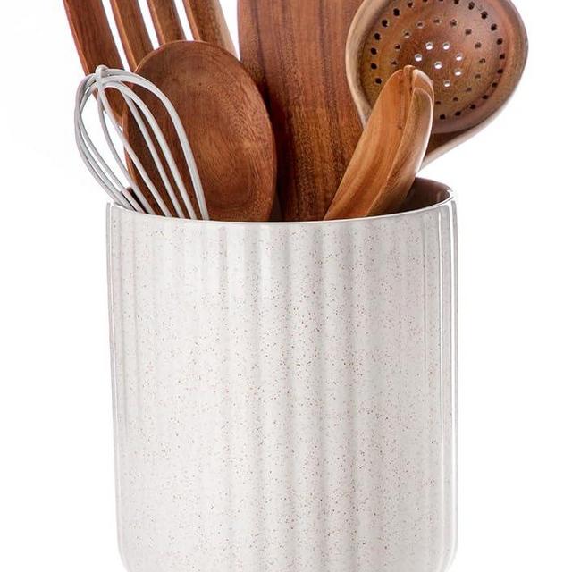 Nucookery Ceramic Utensil Holder for Countertop, 7.2" Large Cooking Utensil Crocks for Kitchen Counter, Farmhouse Kitchen Decor (Sand)