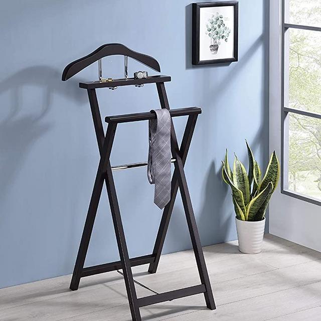 King's Brand Walnut Finish Solid Wood Suit Valet Rack Stand Organizer