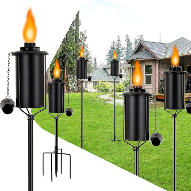 KintKita Garden Torches for Outside 6 Pack，Upgraded 62 Inch Metal Citronella Torches Outdoor with 4-Prong Grounded Stake, 16 oz Outdoor Torches for Yard Garden Décor,Party Patio Pathway