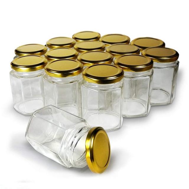 Hexagon Jars Gold Lid (15pcs, 4.0 oz) Hexagon Glass Jars with Gold Plastisol Lined Lids for Jam Honey Jelly Wedding Favors Baby Shower Favors Baby Food DIY Magnetic Spice Jars Crafts Canning Jars