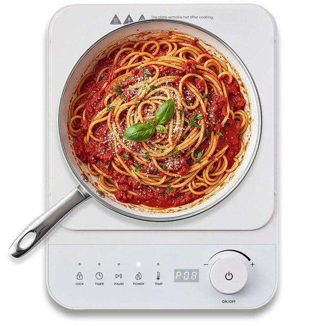Elite Gourmet EIND57W SlimStore™ Induction Cooktop, Touch Controls, Ultra Thin 2" Profile, 10 Power Levels, Temps 140°F to 465°F, Fast Heat Up, White
