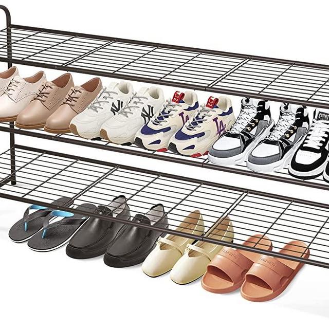 KEETDY Long 3 Tier Shoe Rack for Entryway, Closet Floor, Wide Shoe Storage Organizer Stackable Metal Shoe Shelf for 24 Pairs Men Sneakers with Wire Grid for Bedroom, Bronze