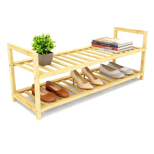 Bambly 2 Tier Bamboo Wooden Shoe Rack for Closet & Entryway, Free Standing Shoe Rack Stand Organizer Shelf for Garage, Bedroom, Small Space Storage, Stackable