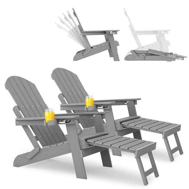 YEFU Adirondack Chair with Retractable Ottoman: Folding Adirondack Chairs Set of 2-5-Level Adjustable Backrest with Footrest - Fire Pit Chairs - Cup Holder - Outdoor Plastic Chair for Patio