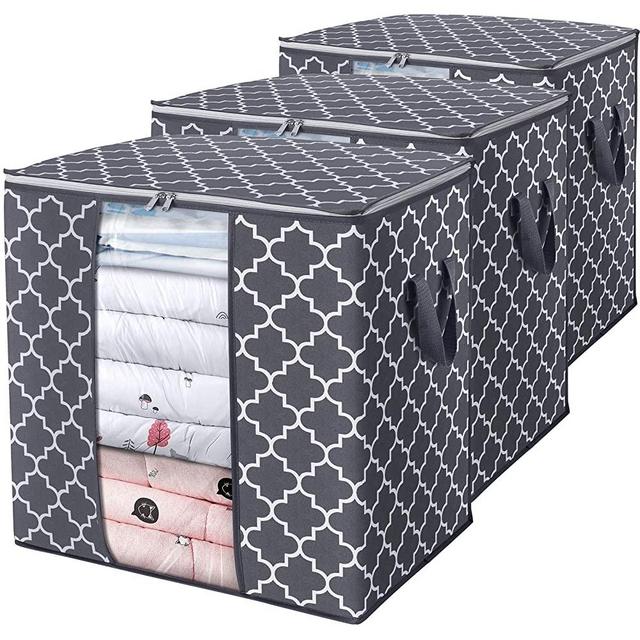 WISELIFE Storage Bags 100L 3-Pack Large Blanket Clothes Organization and Storage Containers for Comforters,Bedding, Foldable Organizer with Reinforced Handle, Clear Window, Sturdy Zippers,Gray