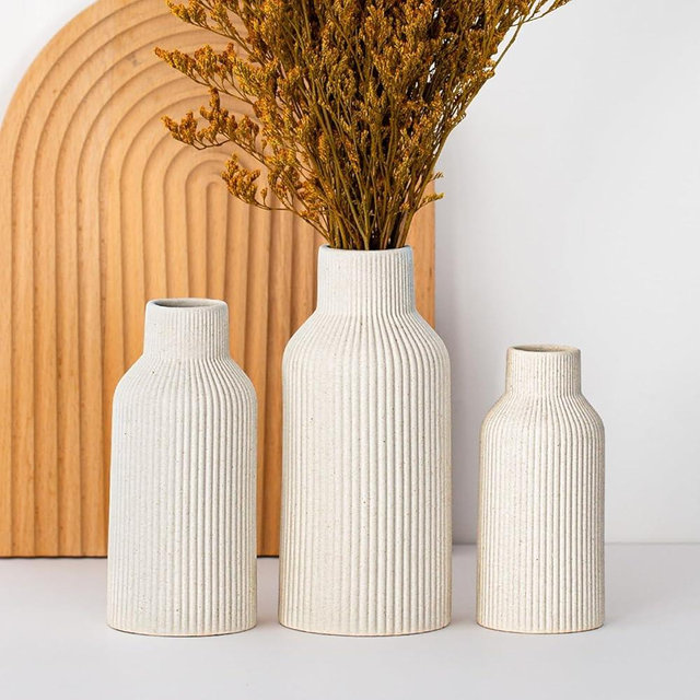 Hanaomaoyi Beige Ceramic Flower Vase Set of 3, Pampas Grass Small Vases for Decor, Dining Table, Shelf, Mantel, Entry, Centerpieces, Minimalist Modern, Bohemian