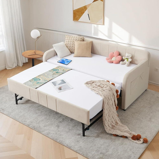 Twin Size Daybed with Pop Up Trundle Bed,Velvet Twin to King Size Day Bed Frame with USB Ports&Side Pockets,Extendable Upholstered Wooden Sofa Bed for Bedroom,Living Room,No Box Spring Needed,Beige