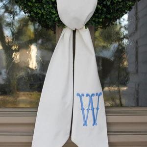 Monogram Wreath Sash for Front Door, White Embroidered Linen Wreath Sash, Porch Accessory for Xmas Party Yard, Wedding, and Boxwood Decoration, Indoor Outdoor Décor - (W)