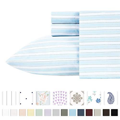 California Design Den 100% Natural Cotton Sheet Set - 400 Thread Count Queen Size Cape Stripe - Sky Blue Printed Sheet Set, Soft & Sateen Weave 4 Piece Bedding Set, Deep Pockets Fit Mattress 16''