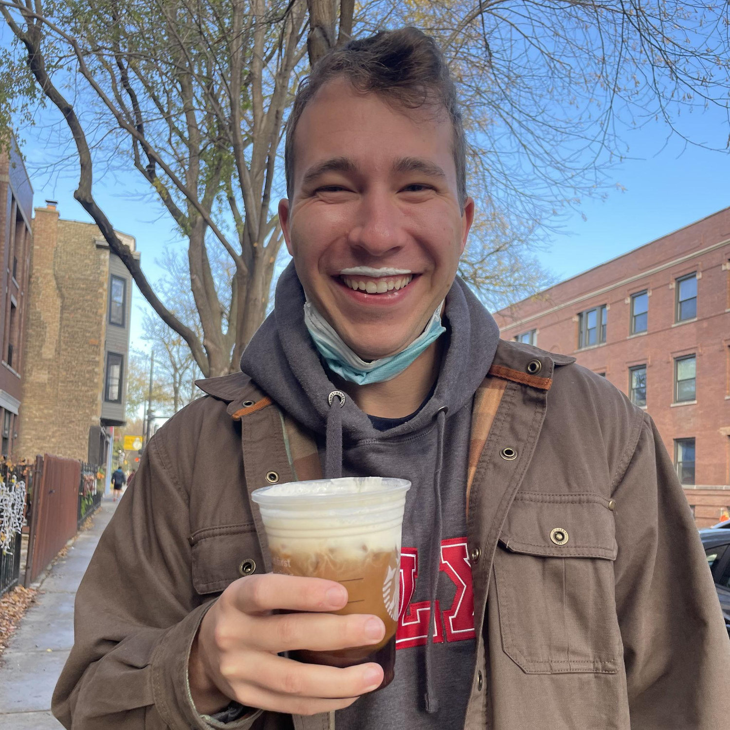 I ran into Sam walking down the street with this cold-foam mustache and couldn't believe this is how he had walked for multiple blocks - P