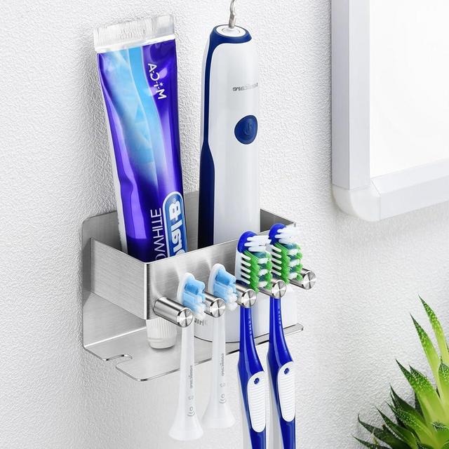 YAYINLI Toothbrush Holders - Wall Mounted Toothpaste Holder for Bathrooms, Stainless Steel Tooth Brushing Holder Shower Electric Tooth Brush Head Holder Organizer Storage Brushed Nickel Silver