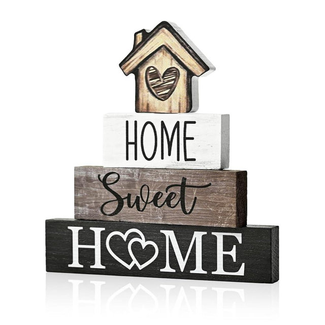 Smile 4 Pcs Farmhouse Wooden Tabletop Decor Home Tiered Tray Decoration, Rustic Retro Neutral Wood House-Shaped Block Sign, Centerpiece Suitable for Home Shelves Fireplace Mantels