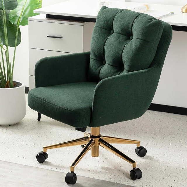 BALIAA Plush Fabric Office Chair, Comfy Home Office Desk Chairs with Lumbar Support, Modern Plush Fabric Desk Chair Gold Legs Swivel Task Chair for Home Office, Bedroom, Study, Green