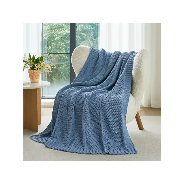 Chenille Chunky Knit Chevron Throw Blanket, 50"x 60", Washing Blue-Amelie Home