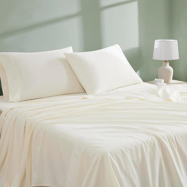 Linen Closet 100% Organic Cotton King Sheet- 4-piece Set,Percale Weave,Crisp,Cool Soft & Durable Breathable Bed Sheets, Deep Pockets Fit Mattresses up to 18" - Fresh Ivory