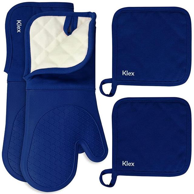 Klex 15" Silicone Oven Mitts and Pot Holders 4-Piece Set, 932°F Degrees Heat Resistance, Comfortable Fleece Quilted Cotton Lining Oven Gloves and Hot Pads for Cooking, Baking and Grilling, Blue