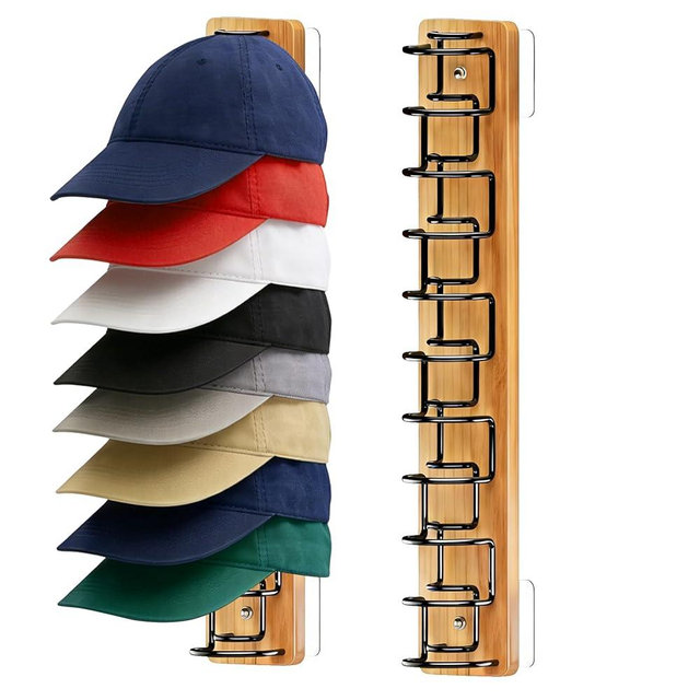 Hat Organizer for Baseball Caps 2 Pack - Wood & Metal Wall Hat Rack with Strong Adhesive & Screws, Holds Up to 22 Caps, Dual U-Slot Design Prevents Deformation, Hat Storage for Closet & Door (Wood)