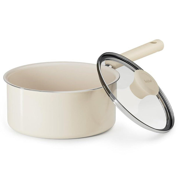 Redchef Ceramic Nonstick Saucepan with Lid, 3QT Small Cooking Pot, Non Toxic Sauce Pans for Kitchen, Cool Handle PFAS Free Compatible with All Cooktops, White