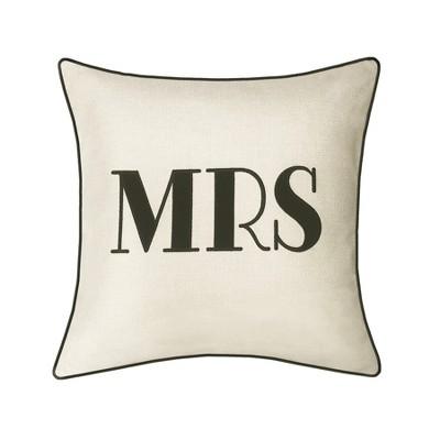 "Mrs" Pillow Embroidered, Poly-Linen Square Throw Pillow Cream - Edie@Home