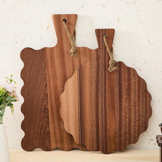 Novabright 2 Pcs Ebony Wood Scalloped Cutting and Chopping Board with Handle Decorative Cutting Boards for Kitchen Wooden Charcuterie Boards Serving Tray for Cheese Meat Fruit Bread Baking