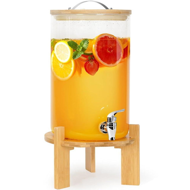 WILLOW WEAVE 2.1 Gallon Glass Drink Dispensers for Parties, Beverage Dispenser with Stand & Leak-Proof Spigot, Lemonade or Juice Dispenser for Parties, Bars or Events, 8L