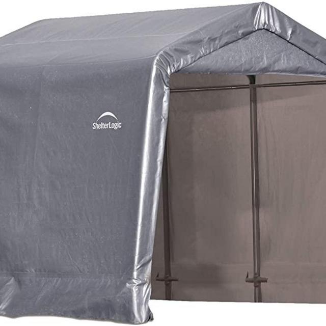 ShelterLogic 8' x 8' Shed-in-a-Box All Season Steel Metal Peak Roof Outdoor Storage Shed with Waterproof Cover and Heavy Duty Reusable Auger Anchors