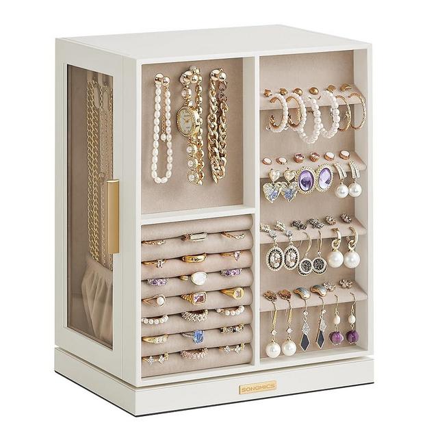 SONGMICS Jewelry Box 360° Rotating, Jewelry Storage Case with 5 Drawers, Jewelry Organizer, Glass Window, Spacious, Vertical Jewelry Storage, Open Design, Great Gift, Cloud White UJBC170W01