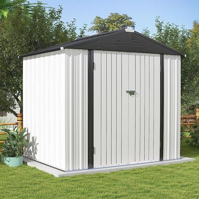 Patiowell 8x6 FT Outdoor Storage Shed, Garden Tool Storage Shed with Sloping Roof and Double Lockable Door, Outdoor Shed for Backyard Garden Patio Lawn, White