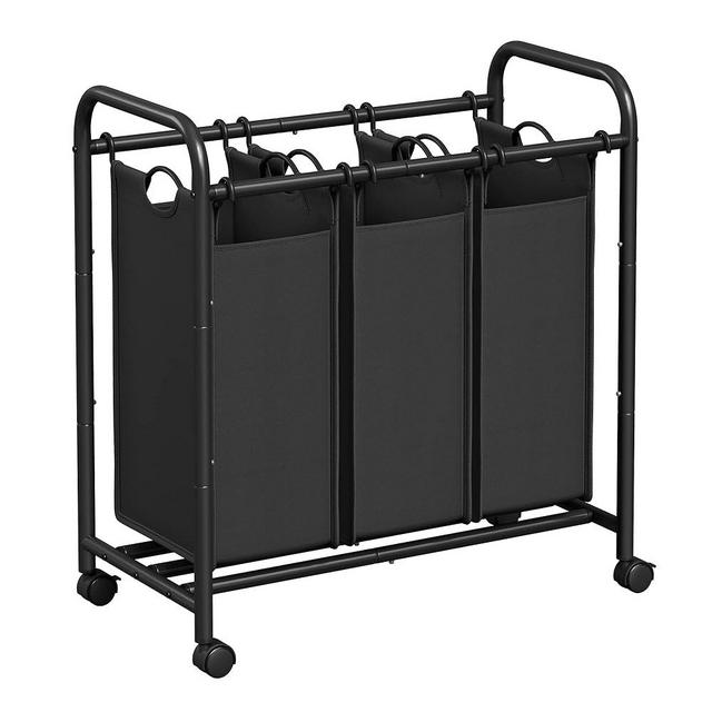 SONGMICS 3-Section Laundry Sorter, Laundry Basket with Wheels, Laundry Hamper with 3 Bags, Laundry Room Organizer, Removable Laundry Bag with Handles, Lockable Wheels, Black ULSF003B