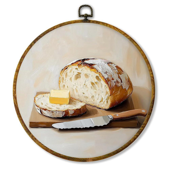 shiviody Vintage Sourdough Bread Kitchen Canvas Wall Art Decor, Rustic Farmhouse Butter Bread Round Hanging Frame Prints Decorations for Home Bakery Dining Living Room 10"x10"